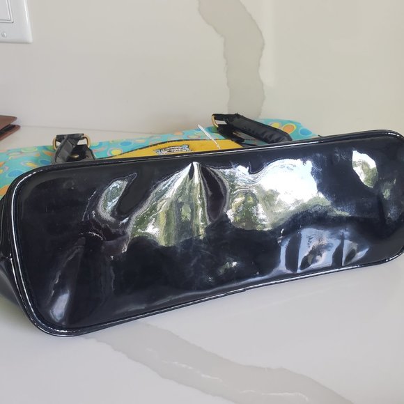 MAGGIE B Whimsy Shopping Girl Tote Bag Black Teal Yellow Polka Dots Canvas Charm - Picture 8 of 9